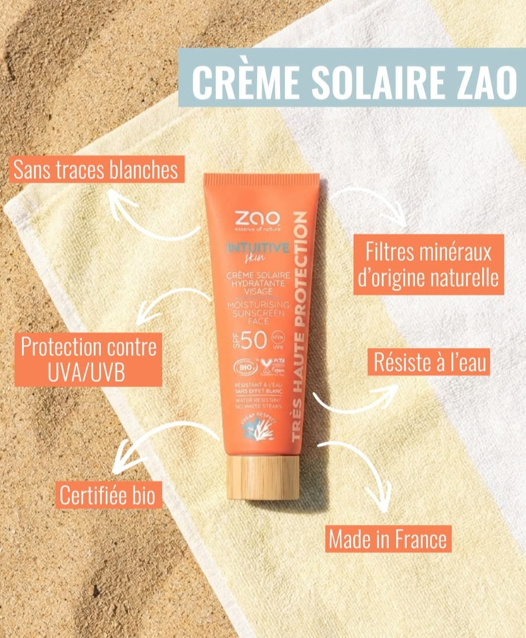 ZAO Crème solaire SPF 50 bio — filtres minéraux, résistante à l'eau, made in France